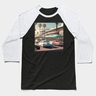 A Retro-Futuristic image of a Califonia Beach City Baseball T-Shirt